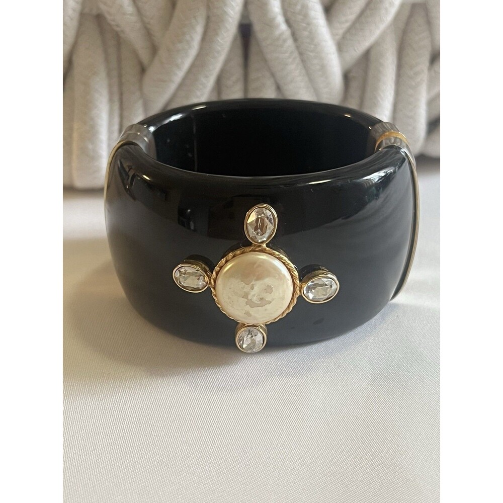 Chunky Vintage Black Lucite Hinged Bangle Bracelet Maltese Cross Pearl Statement